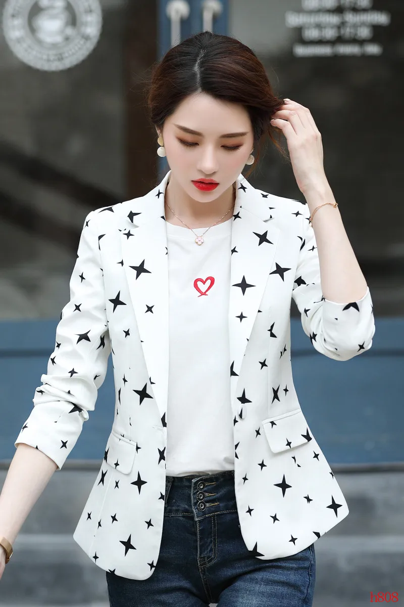 Fashion Casual Women Blazers and Jackets White Print Office Ladies Outerwear Coat OL Styles