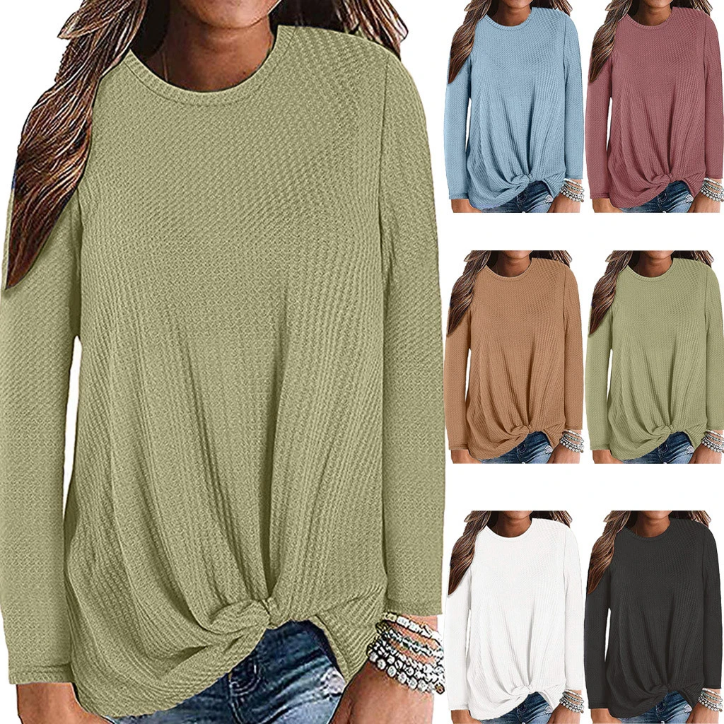 JAYCOSIN Chiffon Blouse Womens Casual Long Sleeve Autumn Knot Waffle Knit Tunic Blouse Cute Shirts Tops Winner Girl Lady 729