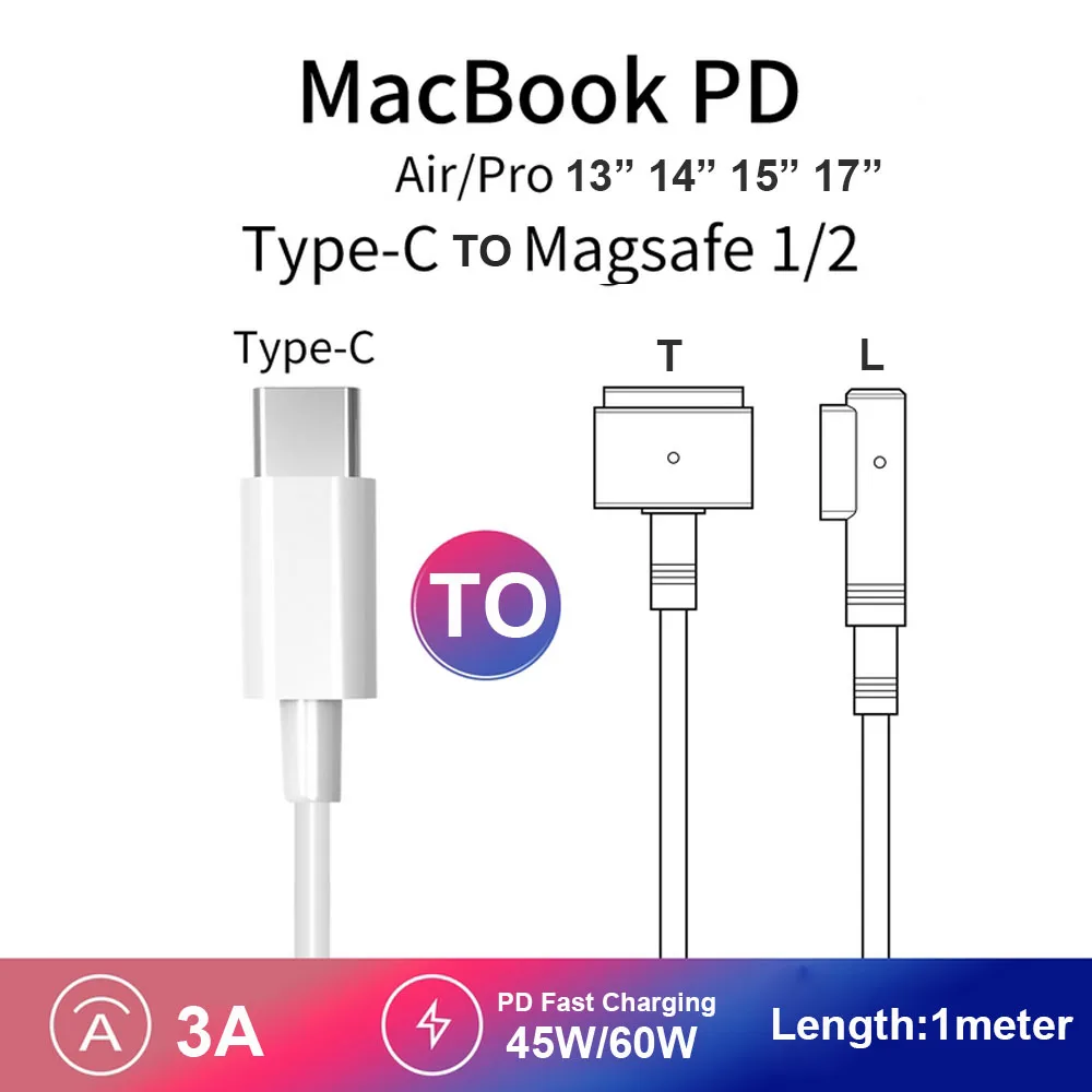 

45W 60W 85W USB C M/M to L-Tip T-Tip USB-C MagSafe2 PD Fast Charger Power Cable Cord For 11" 13" 15" 17" Macbook Pro Air