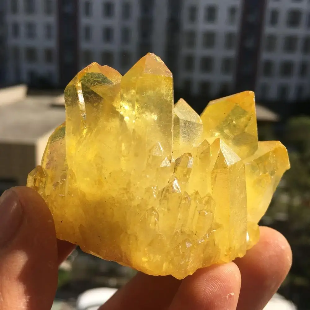 

Naturally beautiful lemon yellow plated quartz crystal clusters 90-100g
