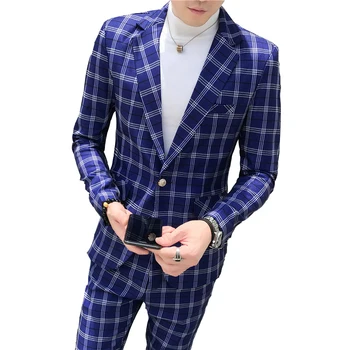 

Blazer suit two-piece men's slim British lattice groomsmen dress slim blue suit men's suits 2019 New