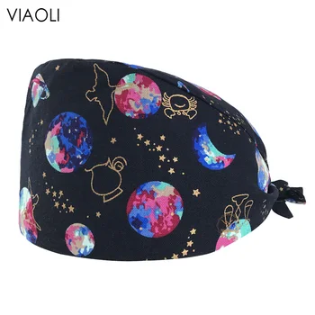 Online Frauen Schönheit Salon Staubdicht Rosa Planet Drucken Hut Baumwolle Bandage Einstellbar Peeling Kappe Schweißband Bouffant Spa Caps Peelings Kappen