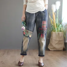Национальная Лоскутная Цветочная плита джинсы на пуговицах джинсы "варенки" эластичная талия отбеленная джинсовая ткань свободные брюки женские широкие брюки Mujer новинка