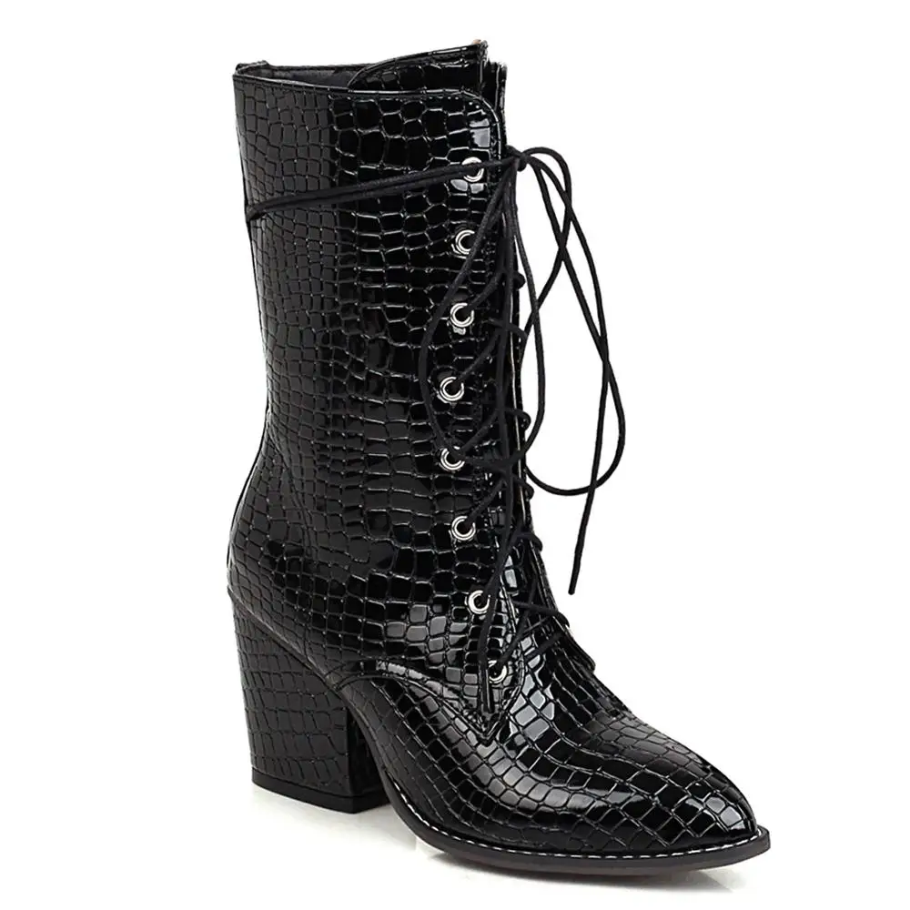 

Oversized Burgundy Snake Print Thick Heel Mid-Calf Boots Stone Pattern Square Heel Pointed Fleece Cross Straps Women's Boots