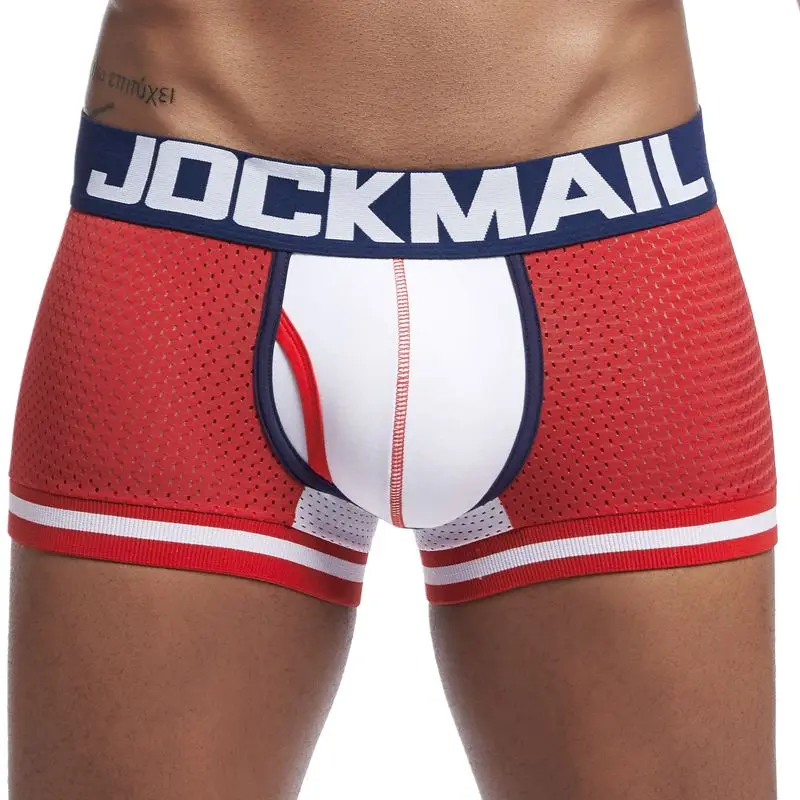 JOCKMAIL, фирменное Мужское нижнее белье, боксеры, трусы, сетчатые, дышащие, с мешочком для пениса, cueca, боксеры, calzoncillos hombre, трусы для сна - Цвет: Красный