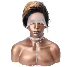 100% Real Remy Human Hair T part Lace Front Wig Short layered wavy dyeing Hair root Costume Wig for women 8 inch