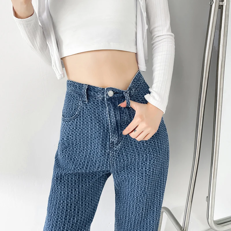 wide leg jeans Jacquard Blue Women Pants 2021 New Casual Striped Retro Basic Straight Loose Plus Size Jeans Y2K Fashion Trendy Ladies Trousers cargo jeans