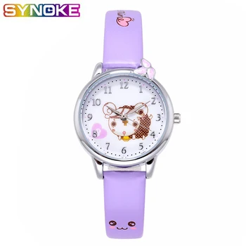 

SYNOKE Kids Quartz Watches Student Fashion Cute Cartoon Colorful Purple PU Leather Strap Children Wrist Watch Boys Girls Clock
