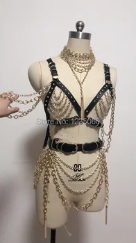 

2020 Women Sexy Gold Chains Costume Outfit Stage Performance Nightclub show Bra Chains Short