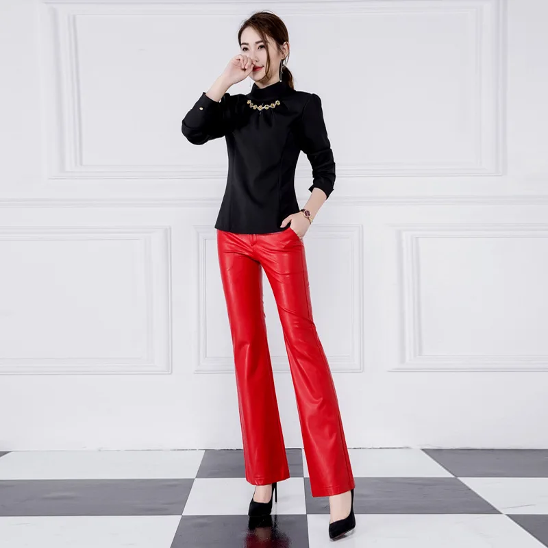 Модные брендовые красные узкие брюки из искусственной кожи, зимние, Осенние, весенние, женские, высокое качество, тонкие брюки-клеш F777, Прямая поставка