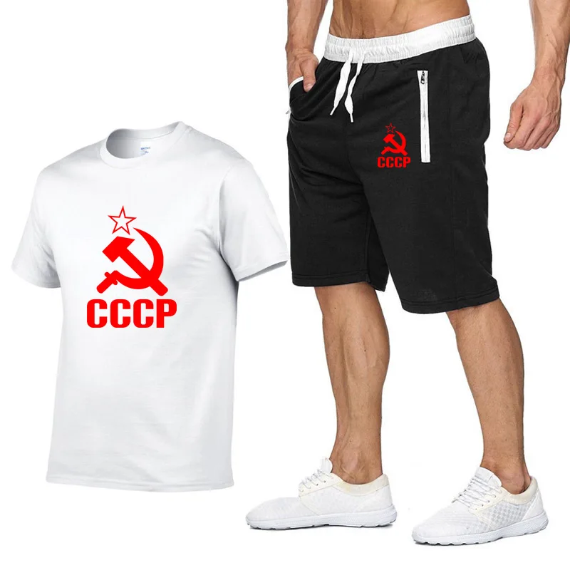

Men's T-Shirt CCCP Russian USSR Soviet Union Print Summer Solid color Mens Short sleeve suits Mens O-neck T-Shirt+Pants Suit 2Pc