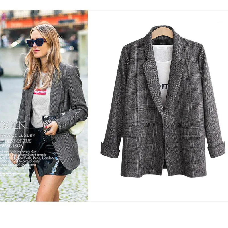 Autumn Blazer Women 2022 New Plaid Korean Jackets Long Sleeve Notched Vintage Casual Fashion Winter Office Lady Jackets 4XL 5XL