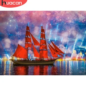 

HUACAN 5D Diamond Painting Sailboat Cross Stitch Full Drill DIY Diamond Embroidery Landscape Art Rhinestone Fireworks Home Decor