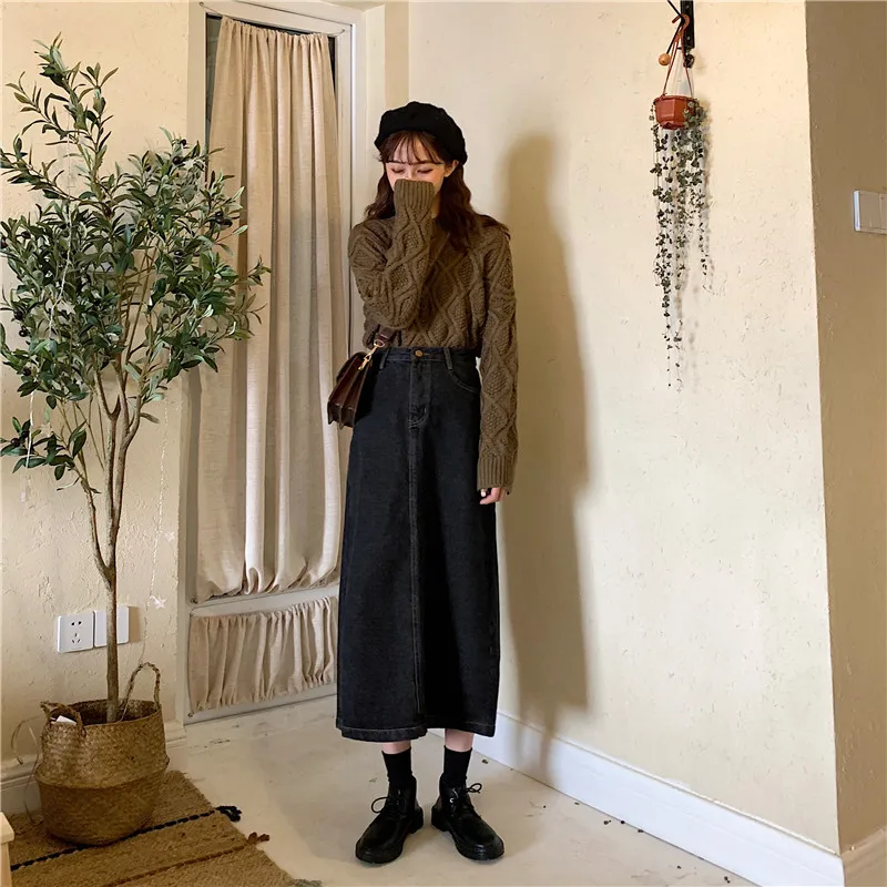 Women's Vintage High Waist Denim Skirt Autumn Winter New Korean Loose Wild A-line Mid-Calf Skirt Women's Long Skirt ML242