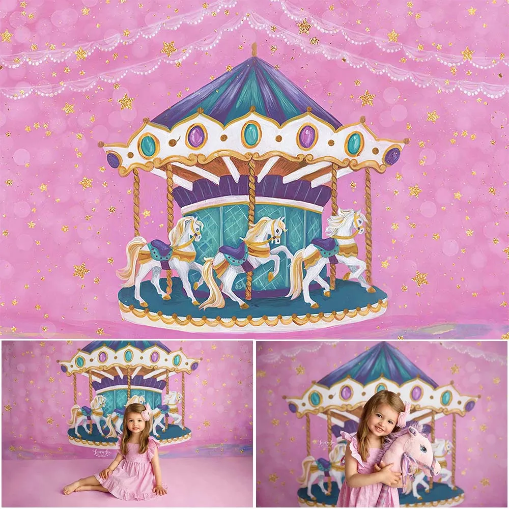 

Mocsicka Pink Carousel Theme Girl Birthday Photography Backdrops Golden Glittering Stars Photo Props Studio Booth Background