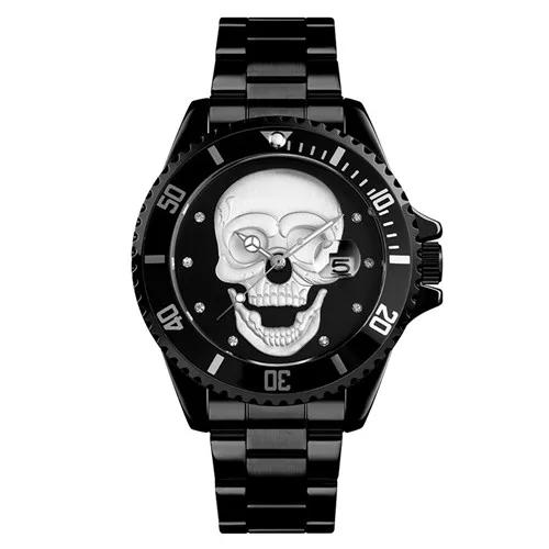 SKMEI Классические мужские кварцевые часы с рисунком черепа из нержавеющей стали спортивные часы 30 м водонепроницаемые мужские наручные часы Relogio Masculino 9178 - Цвет: black black