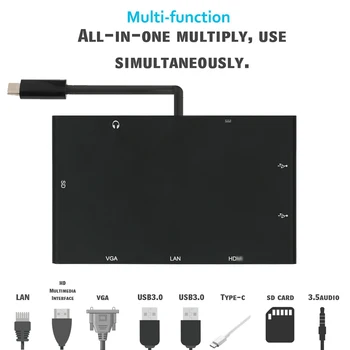 

8 In 1 Adapter For Type-C VGA HD Multichip Interconnect LAN USB SD Audio Charger Port Hub Converter