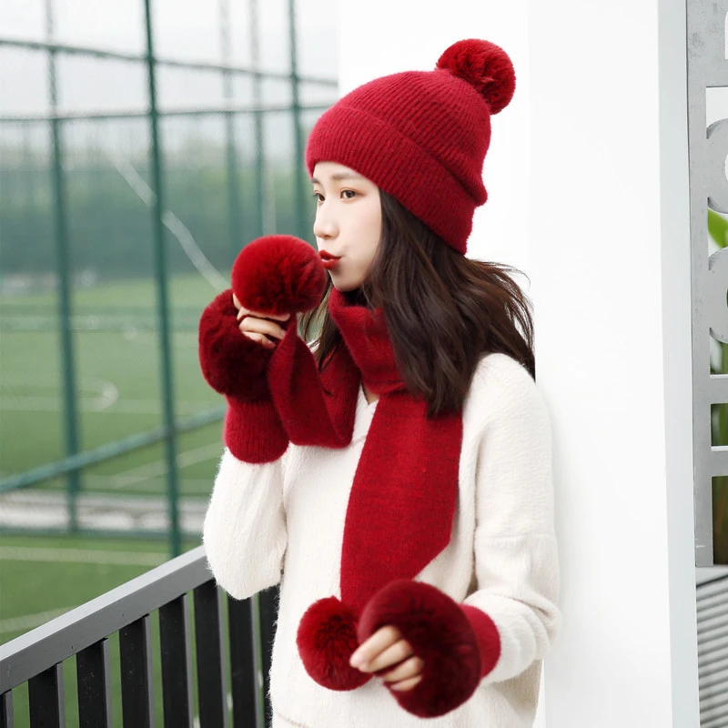 Зимняя шапочка-шарф с помпоном, набор перчаток, плотная теплая женская шапка, набор перчаток, модная уличная ветрозащитная шапка с ушками - Цвет: E