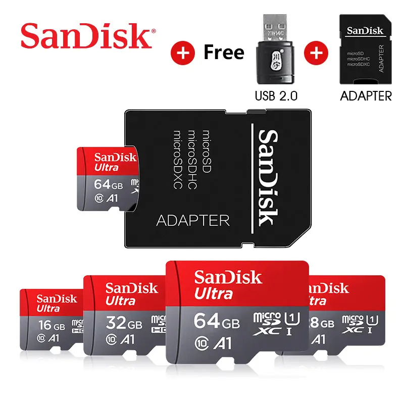 Карта Micro SD SanDisk A1 Class 10, 128 ГБ, 64 ГБ, 32 ГБ, 16 ГБ, флеш-карта памяти, карта sd, SDXC, SDHC, флеш-карта TF