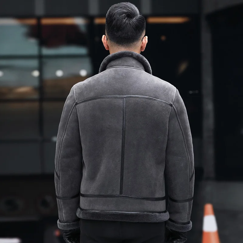 AYUNSUE Real Fur Coat Shearling Jacket Men Sheepskin Coat Mens Genuine Leather Jacket Motorcycle Natural Sheep Fur A19-X5020