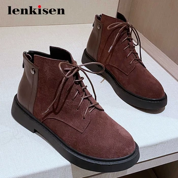 

Lenkisen western boots coe suede patchwork cross-tied round toe thick med heel zipper high fashion leisure cozy ankle boots L58