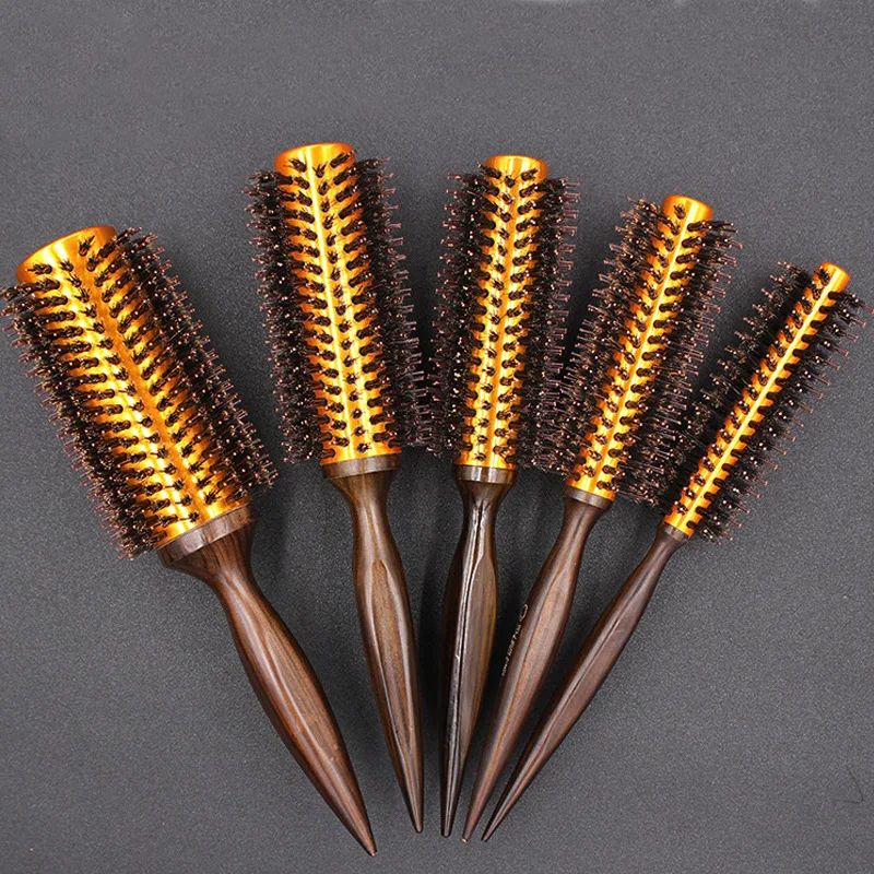 5pcs set Wooden Handle Hair Rolling Brush Natural Boar Bristle Round Brush For Hair Drying Styling Curling 2