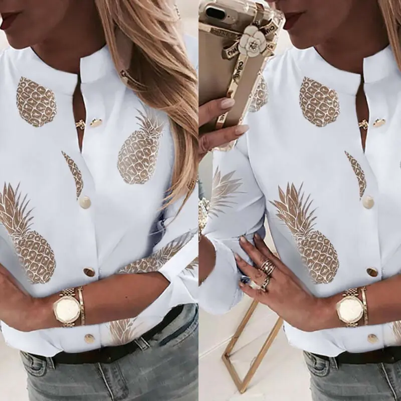 OL Shirt Top Clothes Women Crew Neck Long Sleeve Office Lady Summer Autumn Blouse pineapple Shirt Ladies Tops