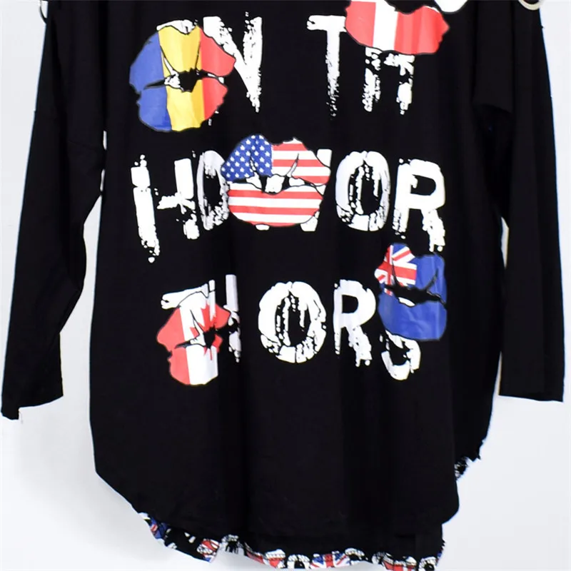 New Women's Shirt Autumn Punk Style Stitching Long-Sleeved Large Size Loose Letter Hip Hop Black T-shirt Batwing Sleeve