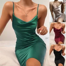 

Sexy Maxi Satin Dress Summer Women Slit V Neck High Waist Off Shoulder Black Red Silk Slip Dress Party Club