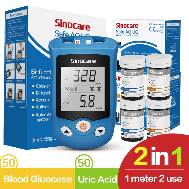 Sinocare Blood Glucose Meter Uric Acid Test Kit & Glucose Strips  Safe AQ UG  Uric Strips for Diabetes Gout Pregnant Glucometer