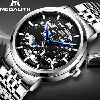 

MEGALITH watch mechanical watch skeleton men top luxury stainless steel waterproof luminous Automatic Mechanical Watches 2019