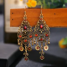  Bohemian Ethnic Indian Earrings Jewelry 2022 Women Alloy Hollow Carved Gypsy Rhinestones Boho Vintage Long Earrings Jhumka  