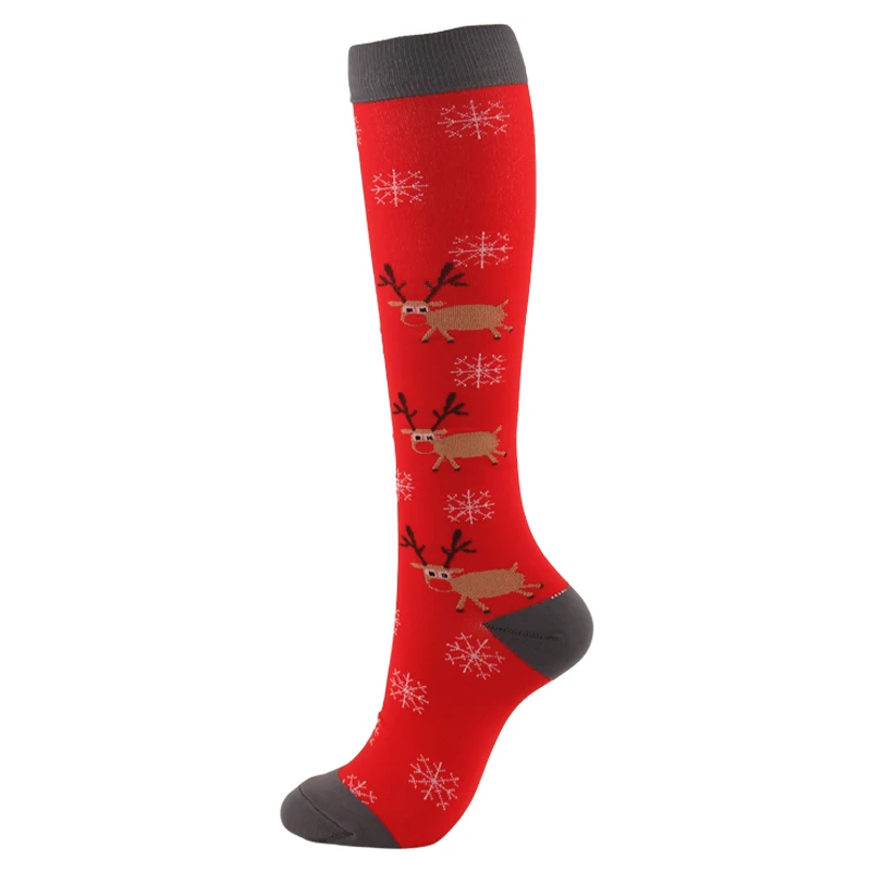 Рождественские Компрессионные гольфы высокого качества для мужчин и женщин, компрессионные носки для бега с спортивным узором, высокие нейлоновые носки для бега - Цвет: Red elk