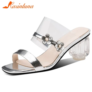 

KARINLUNA Fashion Lady Outdoor Beach Summer Sandals Clear Heel Slip On Brand Women Sandals Flower Open Toe Women Shoes