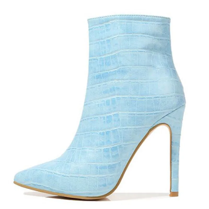 2023 New Luxury Women Pink Blue Boots Sexy Thin High Heels Fetish Stripper Booties Warm Fur Print Sweet Ankle Boots Pointy Shoes