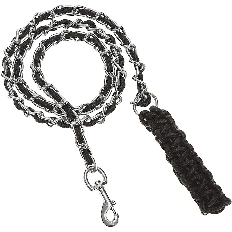 Benepaw  Heavy Duty Metal Chain Dog Leash Soft Anti Bite Nylon Braided Handle Pet Lead Training Rope Leads For Medium Big Dogs 