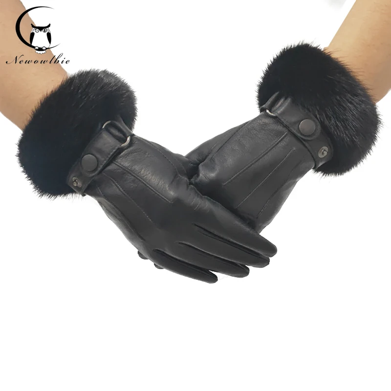 New Women's leather gloves real mink Gloves Adult sheepskin black gloves women's winter leather mittens