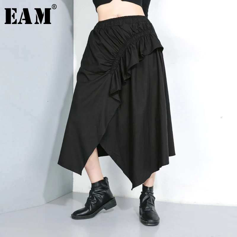 

[EAM] High Elastic Waist Black Ruffles Asymmetrical Temperament Half-body Skirt Women Fashion Tide New Spring Autumn 2019 1D647