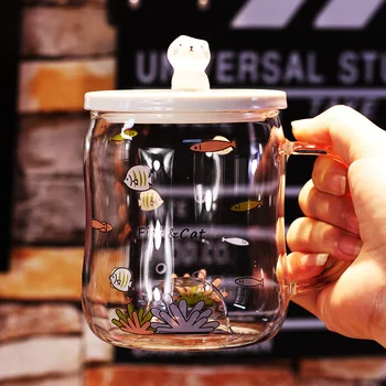 

Cute Cat Fish Water Glass Cartoon Glass Mug with Lid Handgrip Large Capacity Milk Breakfast Tumbler Household Belly Cup for Kids