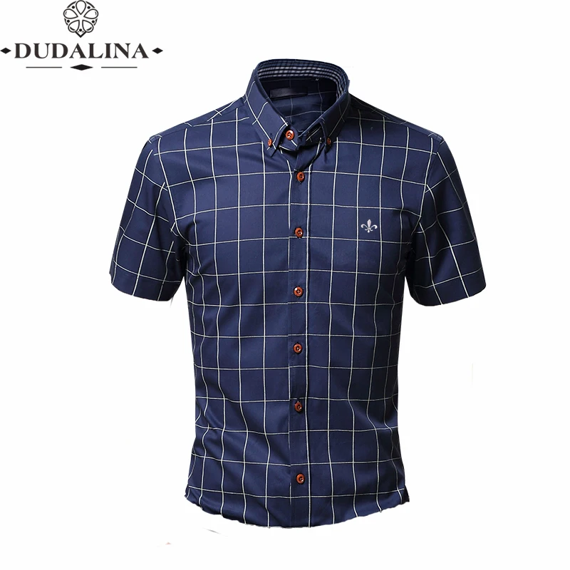Fashion Blouse Shirt Plaid Male Social Dudalina Short Sleeve Slim Fit Shirt Men Clothing Embroidery White Male Cold
