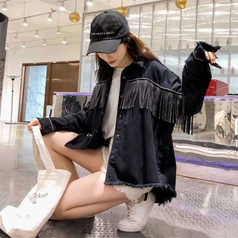 Black Loose Denim Jacket Women Vintage Stylish Fringe Beaded Button Jeans Jacket Women 2020 Turndown Collar Chic Chaqueta Mujer