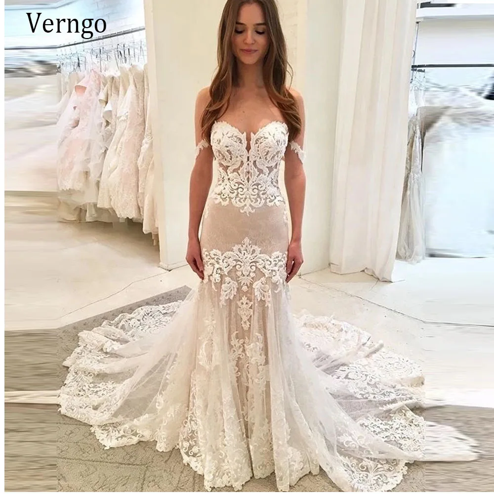 

Verngo Sexy Off the Shoulder Mermaid Wedding Dress Lace Applique Sweetheart Skin Lining Long Bridal Gown Robe de mariage Elegant