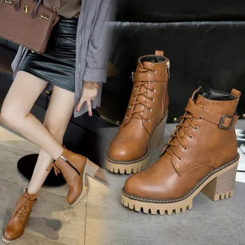 

KAMUCC Ankle Boots For Women 2020 New Elegant Square Heel Shoes Woman High Heel Solid Vintage Boots Women Lace-up Ladies Shoes