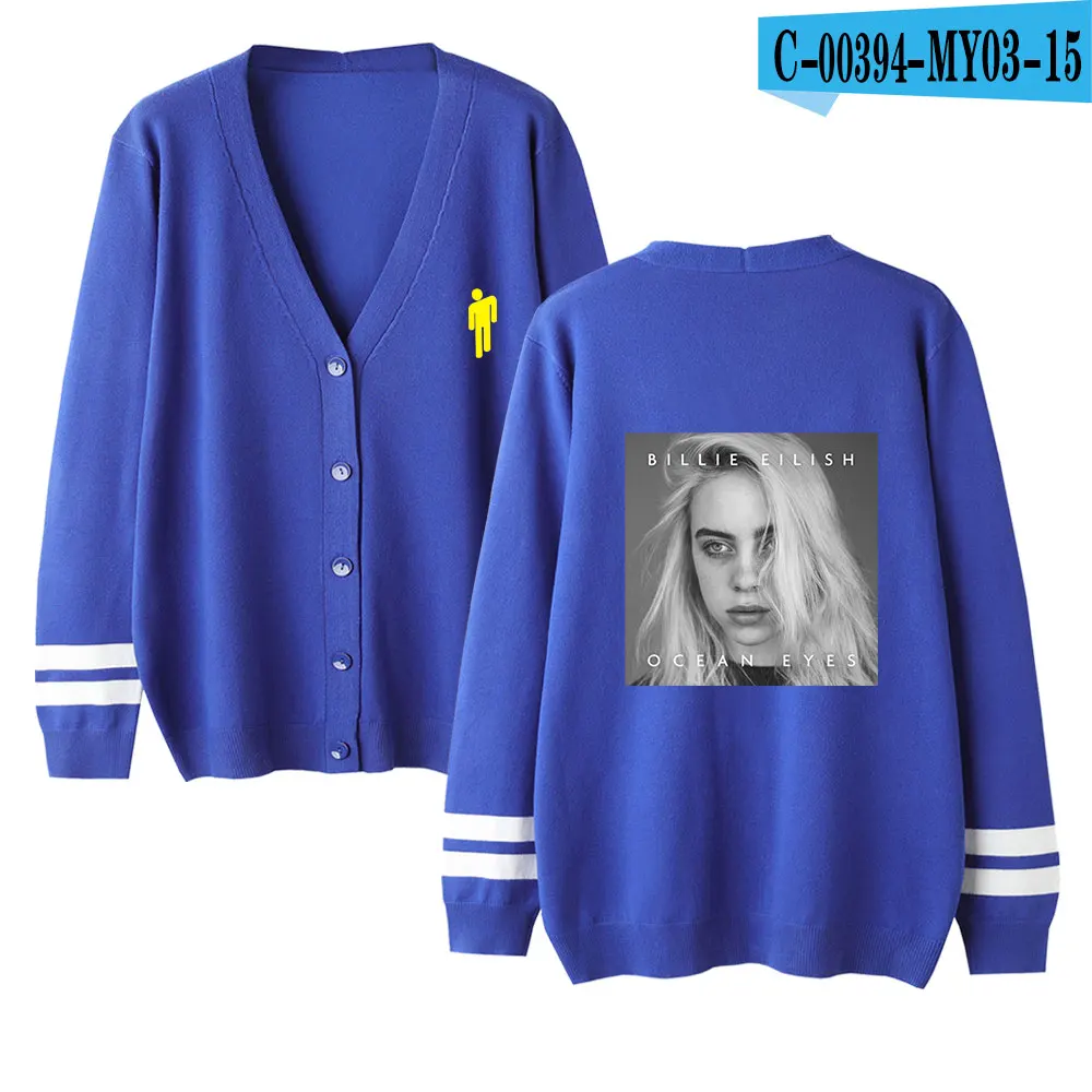 Billie Eilish женский кардиган свитер с v-образным вырезом сплошной цвет свободный свитер однобортный Повседневный вязаный кардиган пальто осень/зима - Цвет: blue