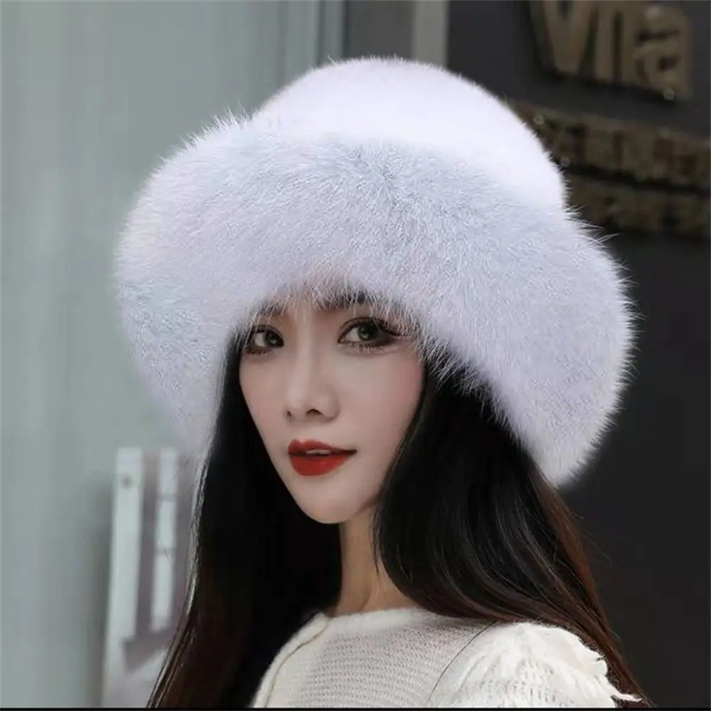 여성용 인조 모피 모자, 따뜻한 모자, 인조 여우 모피 브림 베레모, 선물