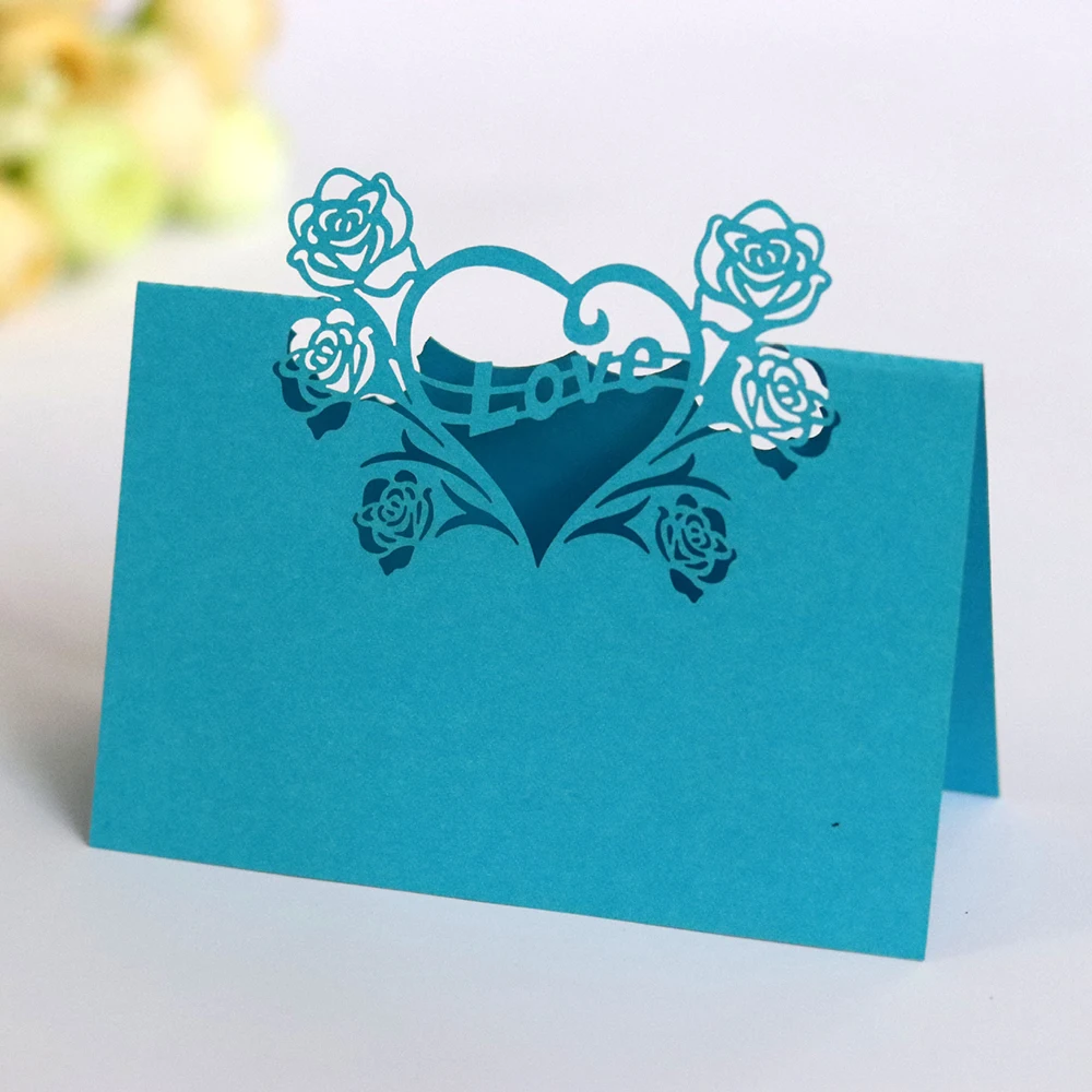 Birthday Party Decor Place Cards Laser Cut 50 Pcs Hollow Pattern Heart Shape Wedding Event Table Name Card Flower Decoupage
