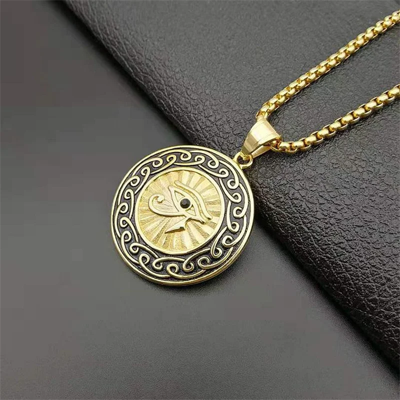 

Punk Hip hop Ancient Egypt The Eye Of Horus Round Pendant Necklace Stainless Steel Chain On Necklace Fashion Male Dropshipping