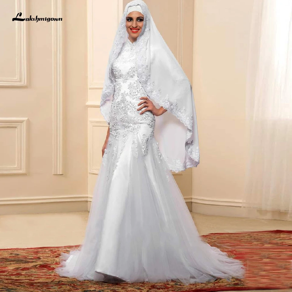 Indian Wedding Dress With Hijab Lace Beaded Mermaid Gown Long Sleeve Muslim Bridal 2020 Vestido de Novia Blanco | Свадьбы и