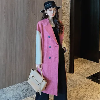 

2019 Winter Wool Blend Coat Women High Street Ladies Fuchsia Fashion Jacket Long Style Woolen Overcoat Blue Wool Long Coat