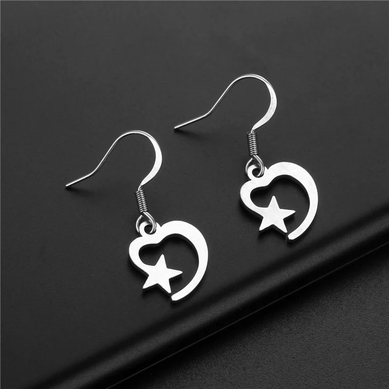 Delicate High Quality Silver Color Hollow Heart Star Hook Earrings Jewelry Stainless Steel Pentagram Drop for Women | Украшения и